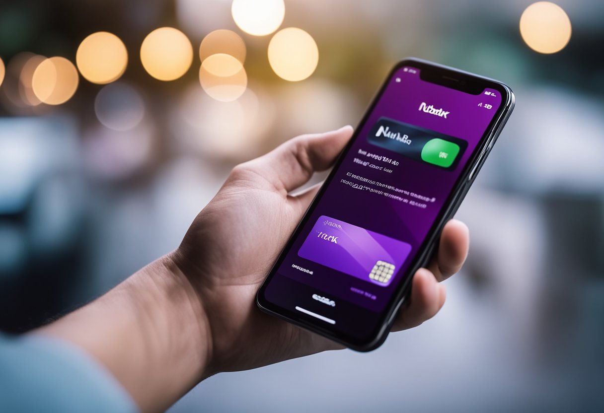 Um smartphone com o aplicativo Nubank aberto, exibindo a opção de fazer um pagamento PIX usando um cartão de crédito