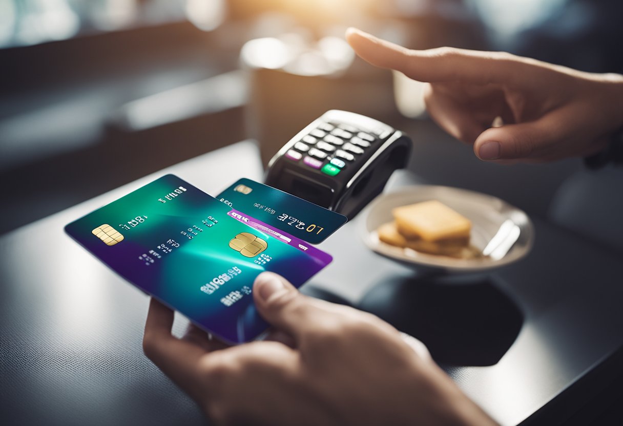 Um cartão de crédito Nubank e um smartphone com um aplicativo de pagamento PIX aberto, com uma transação sendo feita do cartão de crédito para outra conta.