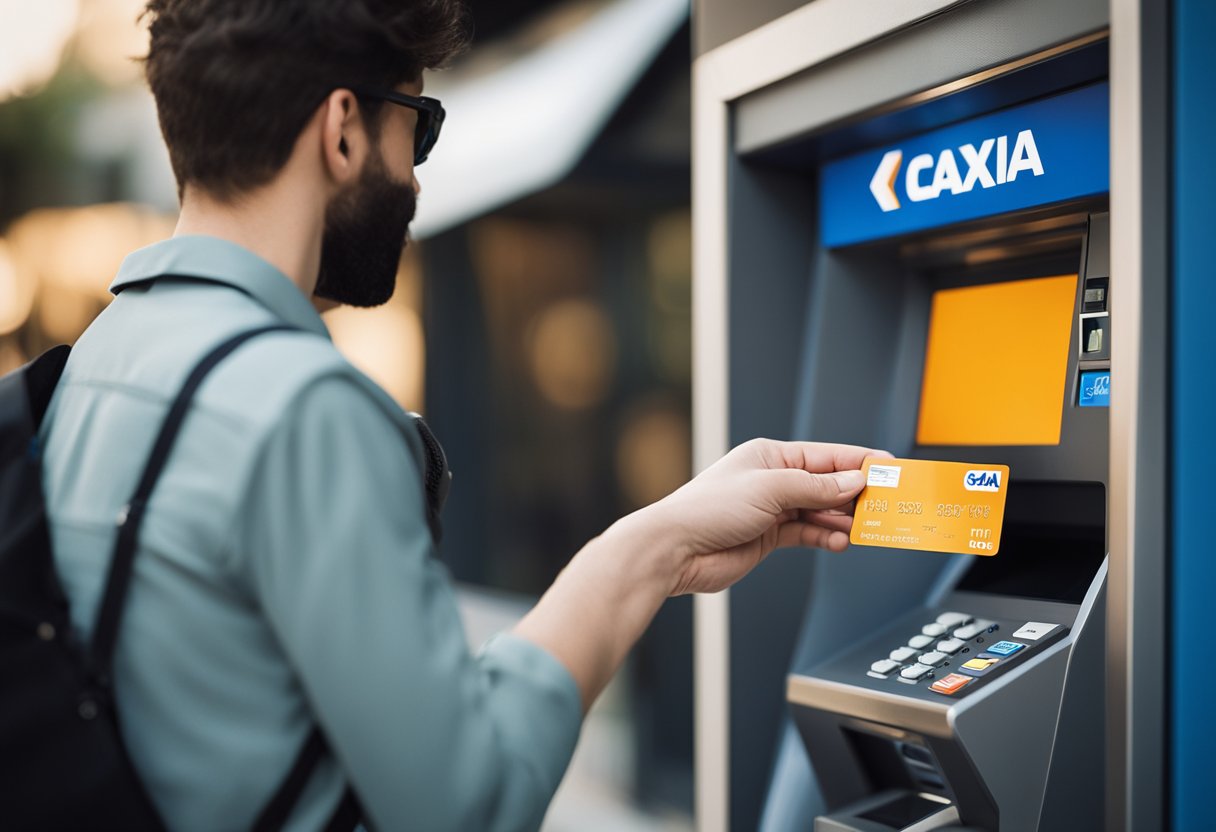 Uma pessoa usando um cartão de crédito em um caixa eletrônico com o logo da Caixa Tem