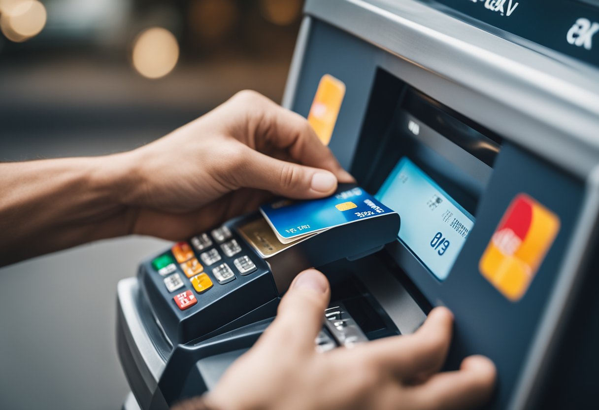 Uma pessoa usando um cartão de crédito Caixa Tem para sacar dinheiro de um caixa eletrônico
