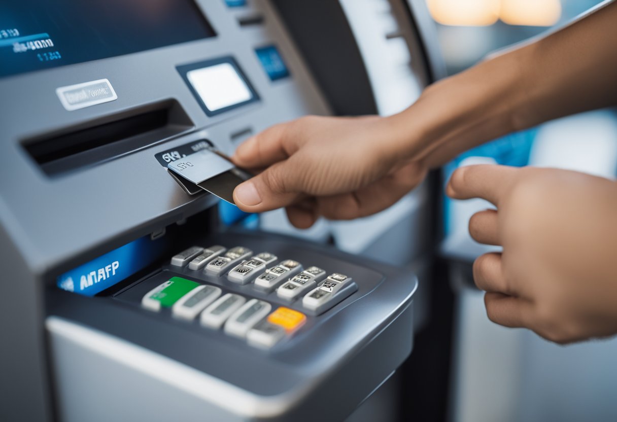 Uma pessoa inserindo um cartão de crédito em um caixa eletrônico e recebendo dinheiro.