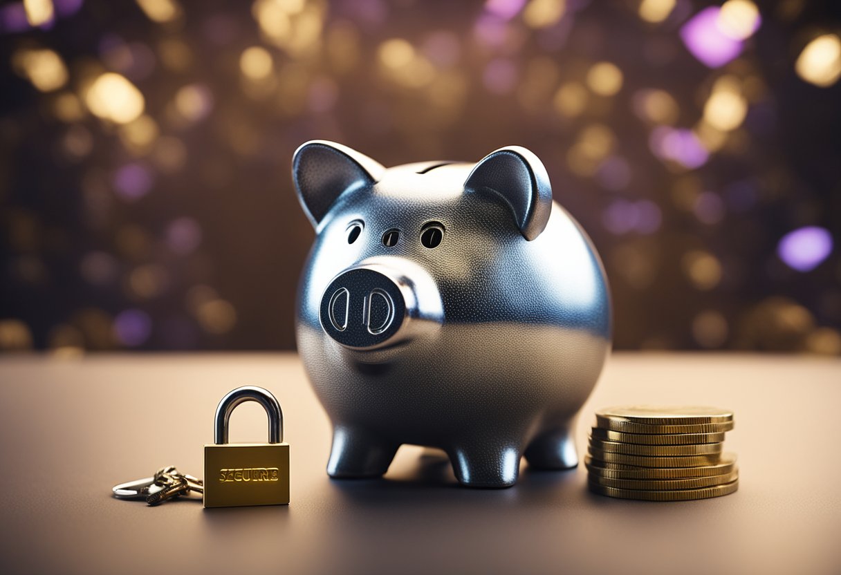 Um porquinho de poupança está em um cofre seguro, cercado por um escudo e uma fechadura. Um brilhante logo do Nubank brilha ao fundo.