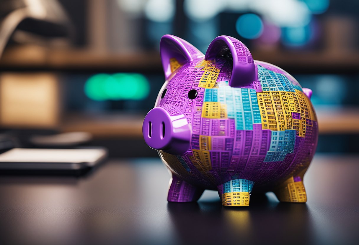 Um cofre colorido está em uma mesa moderna e elegante com o logo do Nubank ao fundo. O cofre está transbordando de moedas, representando o conceito de economizar dinheiro com o Nubank.