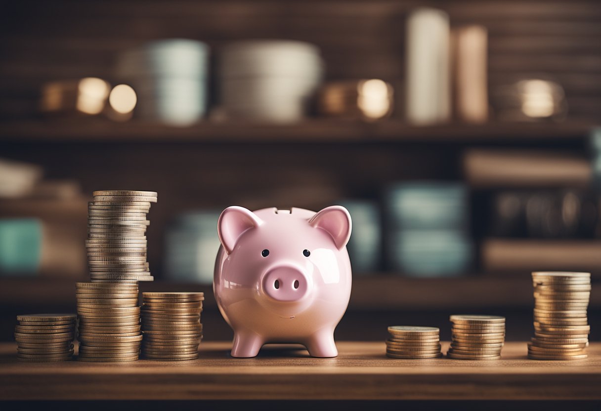 Um cofre com o logo do Nubank está em uma prateleira robusta, cercado por uma pilha de moedas e notas. O cofre parece seguro e confiável.