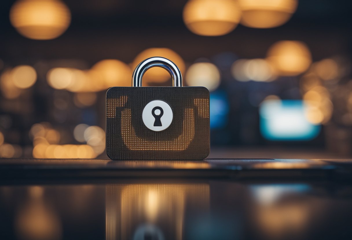 Um ícone de cadeado seguro pairando acima de uma plataforma de cassino digital, com um logo do PIX integrado às opções de pagamento.