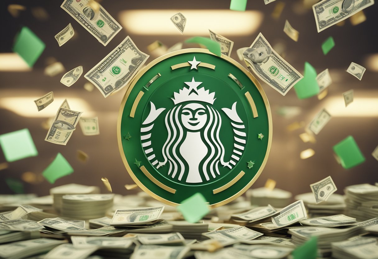 Um logotipo de banco cercado por símbolos de dinheiro flutuantes, com um grupo de clientes felizes recebendo reembolsos