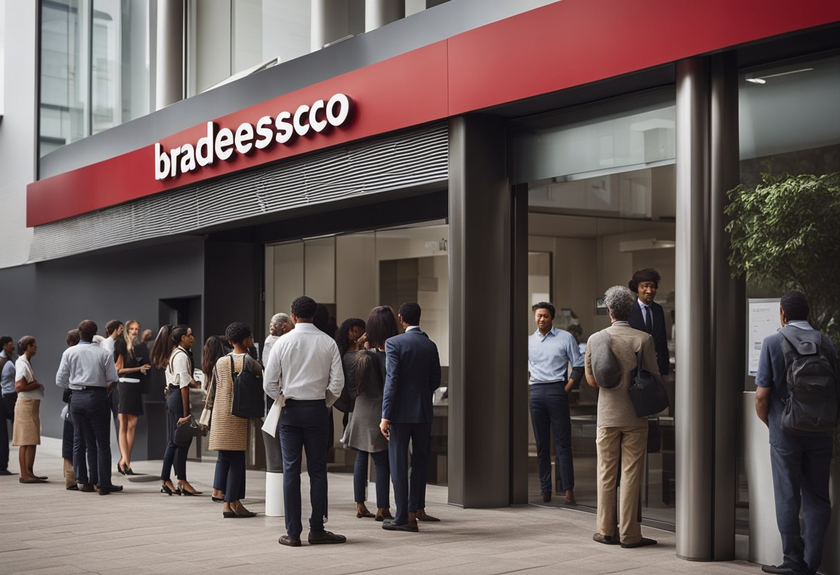 Uma agência do banco Bradesco com uma fila de clientes esperando para perguntar sobre desenvolvimentos recentes e possíveis reembolsos de taxas de manutenção de conta.