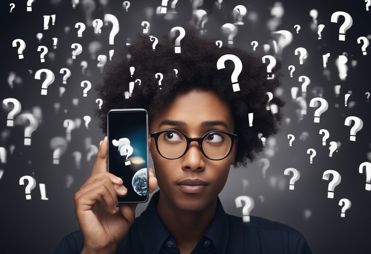 Uma pessoa olhando para o seu telefone com uma expressão confusa, enquanto um ponto de interrogação paira acima de sua cabeça.