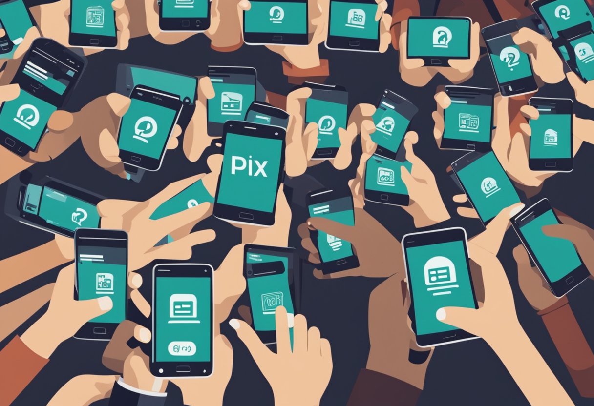Um grupo de pessoas usando seus smartphones para fazer pagamentos pelo sistema Pix, com um ponto de interrogação pairando acima delas.