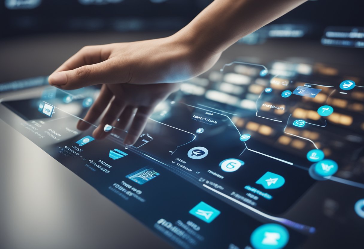 Uma mão se estendendo para tocar uma tela digital exibindo várias opções de pagamento, incluindo um logo do Pix. A tela é cercada por símbolos que representam diferentes transações financeiras.