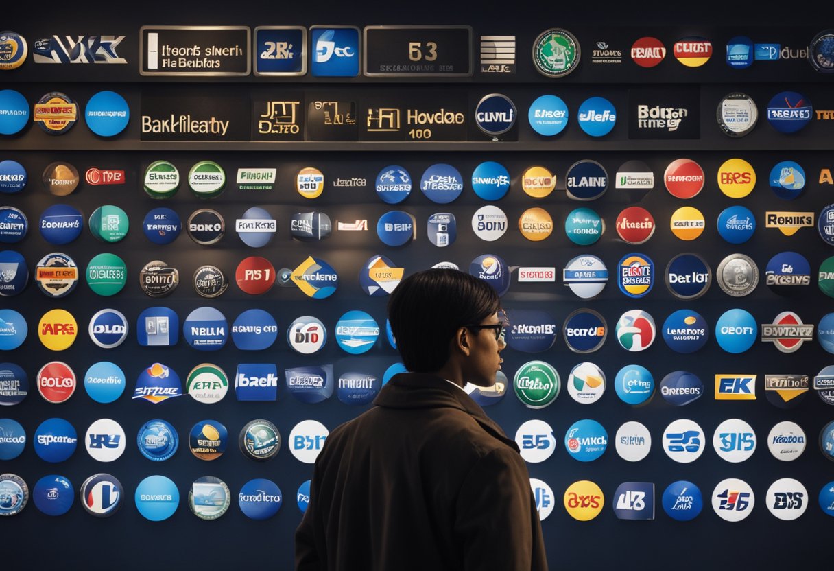 Uma pessoa em pé na frente de vários logotipos de bancos, parecendo contemplativa