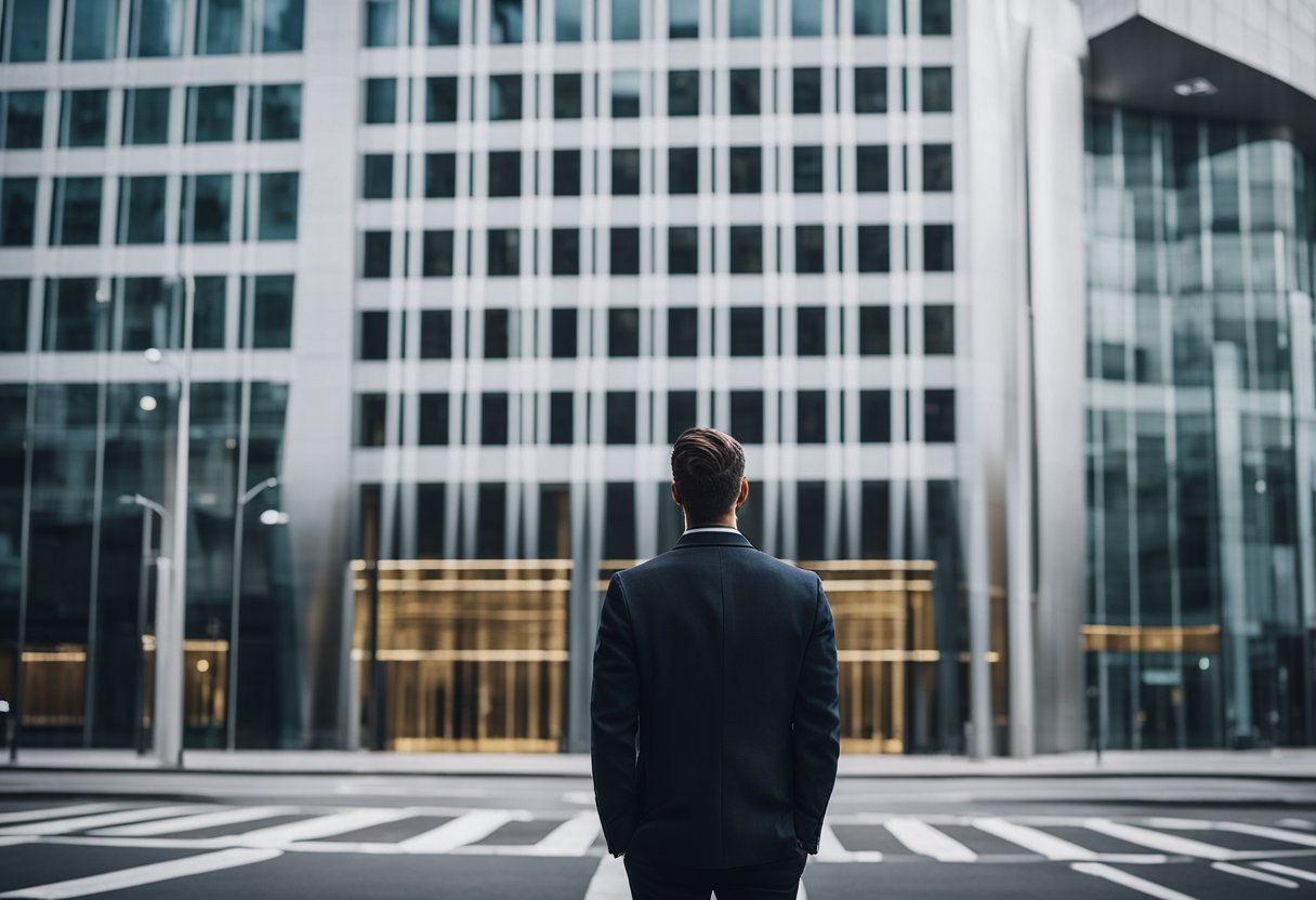 Uma pessoa em pé em uma encruzilhada, olhando para dois edifícios bancários diferentes com uma expressão pensativa