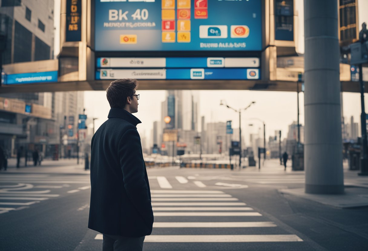 Uma pessoa em pé em uma encruzilhada, com vários logotipos de bancos exibidos em placas acima de cada caminho. A pessoa parece incerta, contemplando suas opções.