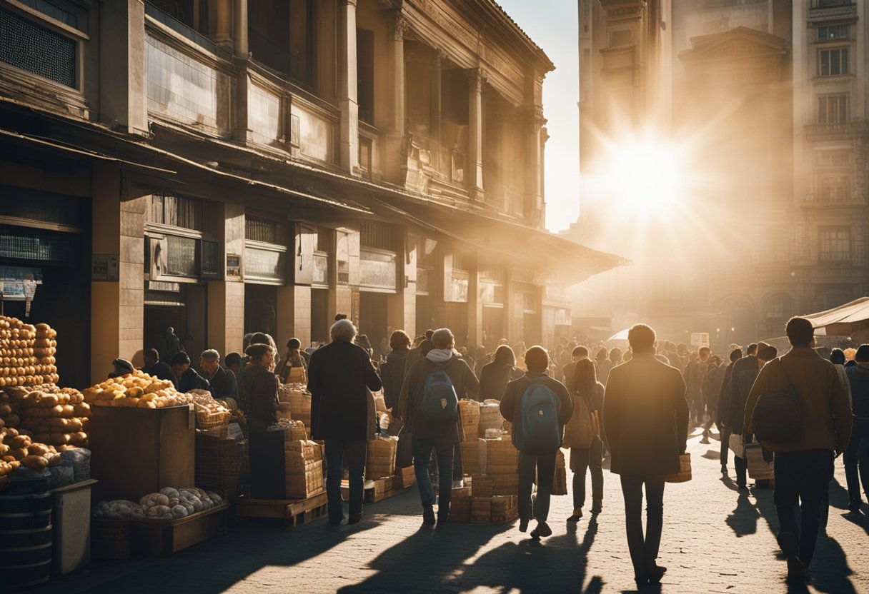 Um sol brilhante da manhã brilha sobre um mercado movimentado, com pessoas na fila na Caixa Tem, ansiosas aguardando o depósito de seus pagamentos do Bolsa Família.