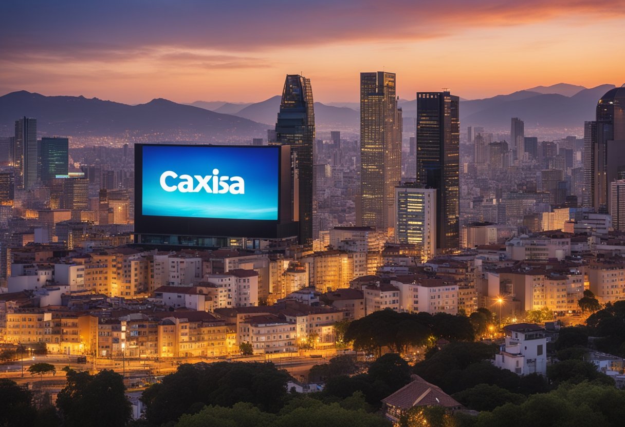 Um pôr do sol colorido sobre o horizonte de uma cidade, com o logo da Caixa Tem iluminado em uma tela digital, indicando o horário em que os pagamentos do Bolsa Família são depositados.