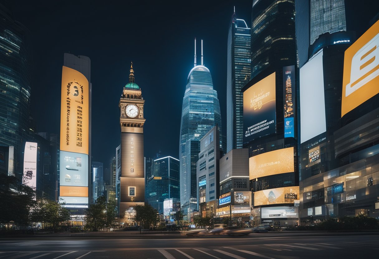 Uma torre de relógio em meio a arranha-céus modernos, com painéis digitais iluminando o céu noturno