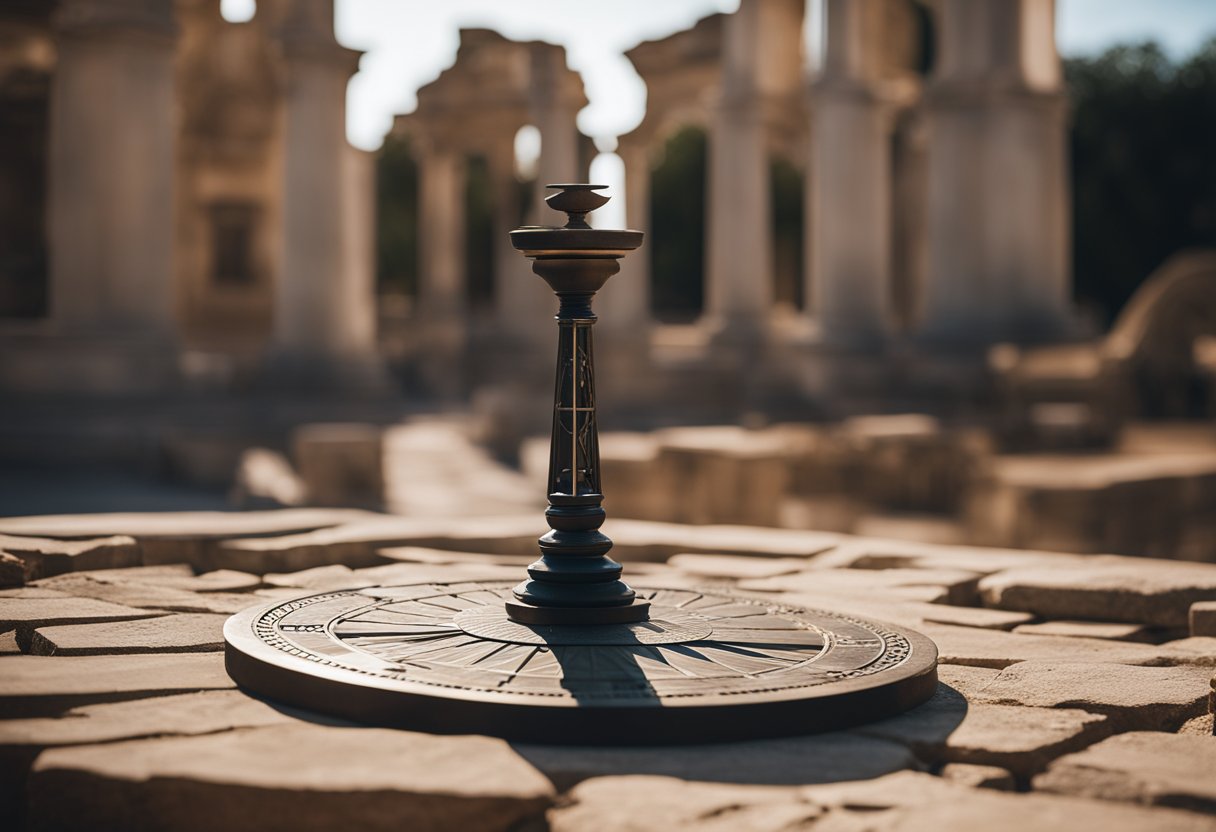 Um relógio de sol projetando uma sombra sobre ruínas antigas, com uma torre de relógio moderna ao fundo.