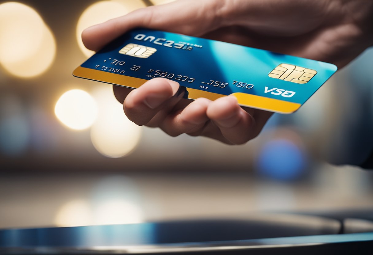 Um cartão de crédito descansando sobre uma mesa, com uma mão se estendendo para pegá-lo.