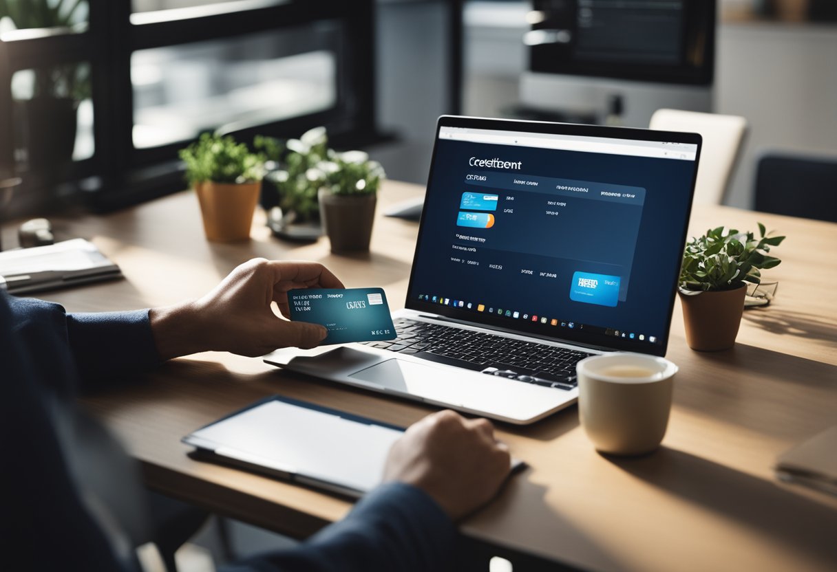 Uma pessoa sentada em uma mesa com um cartão de crédito e um laptop, olhando para uma conta e digitando no computador para gerar um extrato do cartão de crédito.
