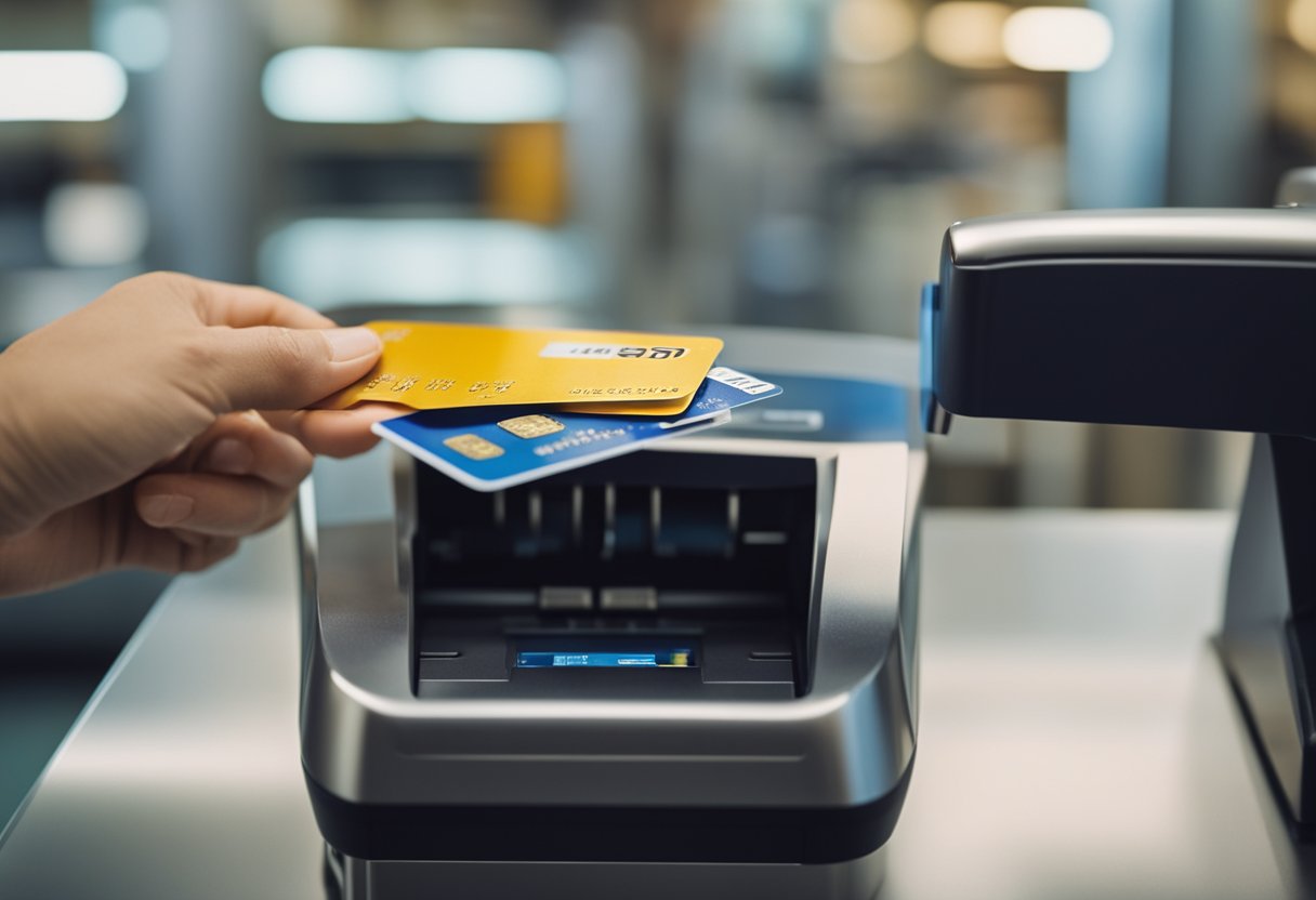 Um cartão de crédito sendo passado por uma máquina com um recibo sendo impresso.