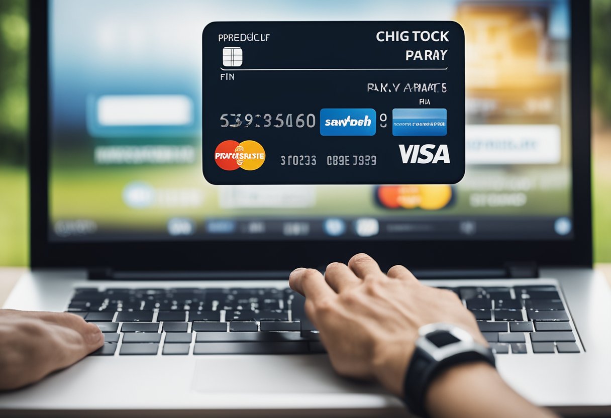 Uma mão alcançando um cartão de crédito com um grande logotipo de loja, ao lado de uma tela de computador exibindo um site de pagamento de contas.