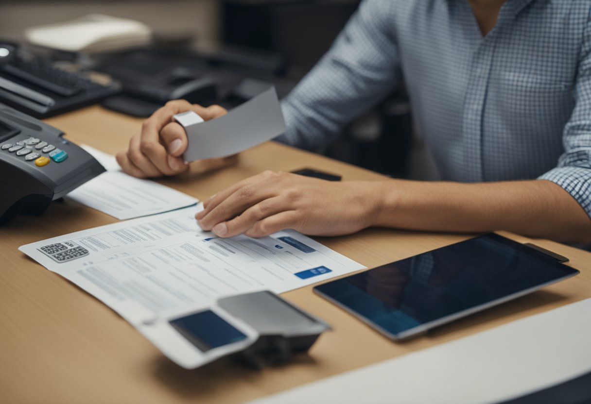 Um representante de atendimento ao cliente em uma mesa, imprimindo uma fatura duplicada do cartão de crédito Atacadão