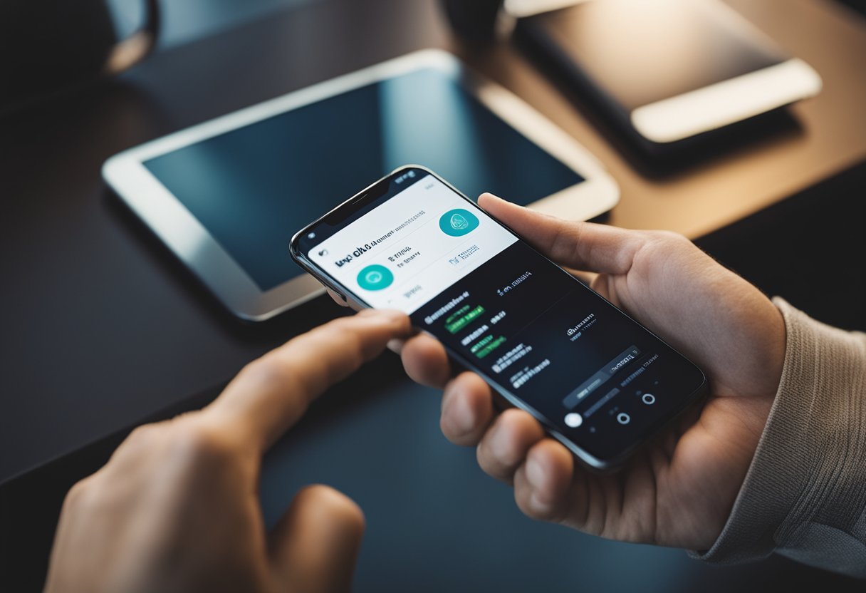 Uma mão se estendendo para um smartphone, tocando a tela para emitir um boleto do aplicativo Agibank