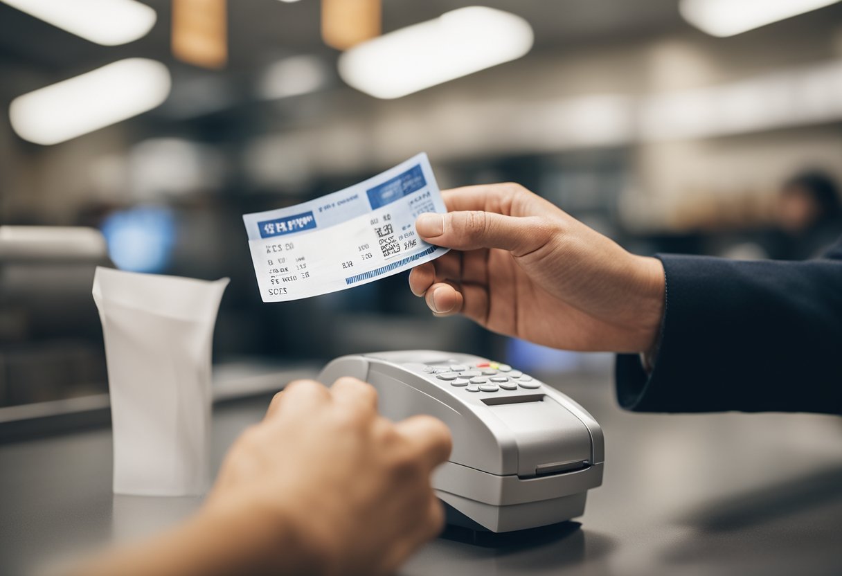 Uma mão se estendendo para entregar um recibo a um cliente em um balcão de pagamento