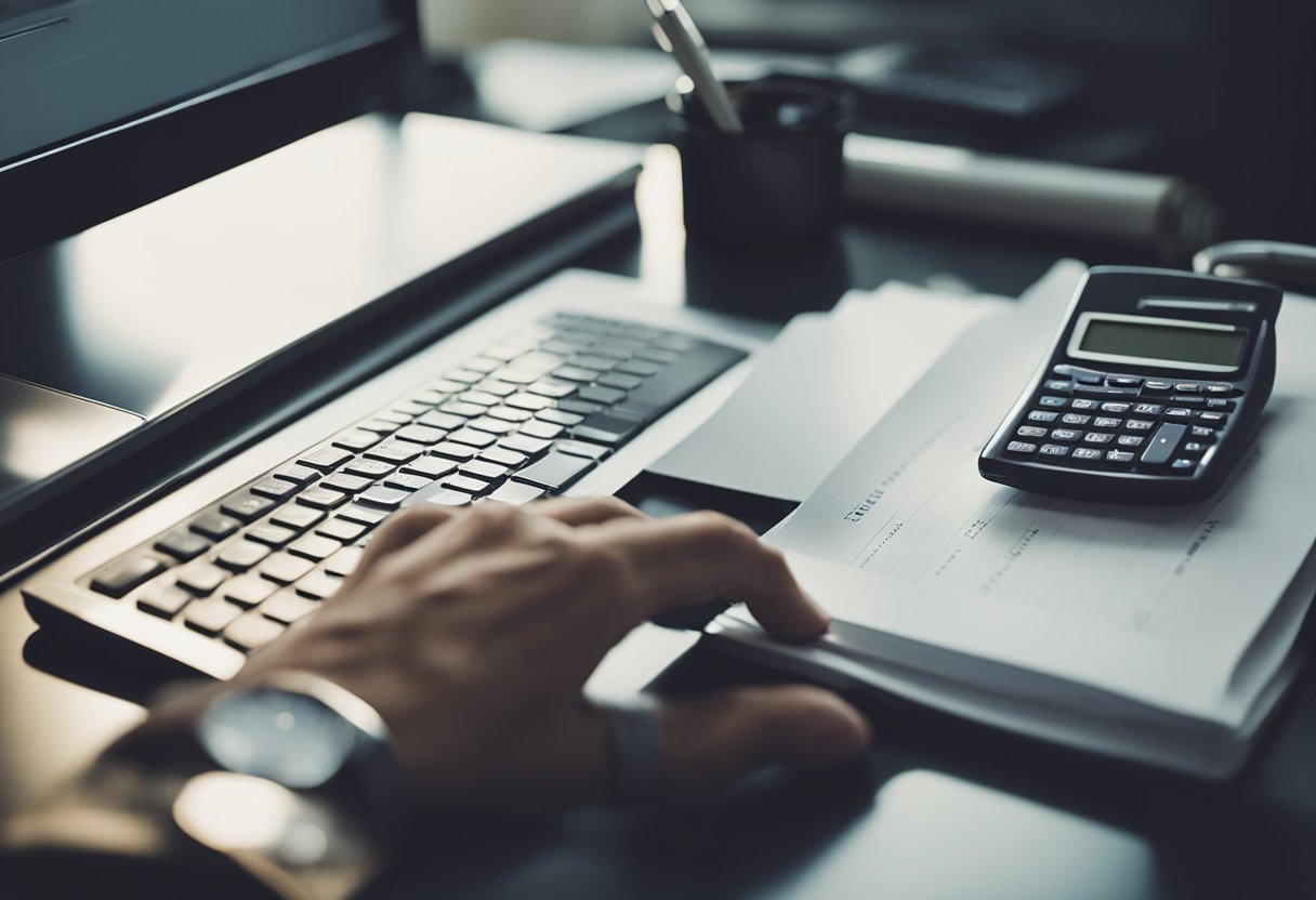 Uma mesa com um computador, calculadora e papéis, com a mão de uma pessoa segurando uma caneta pronta para escrever