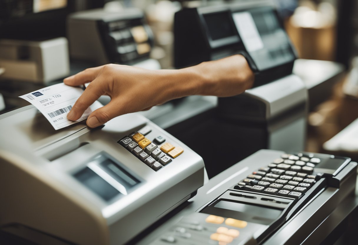 Uma mão alcançando um recibo de uma caixa registradora