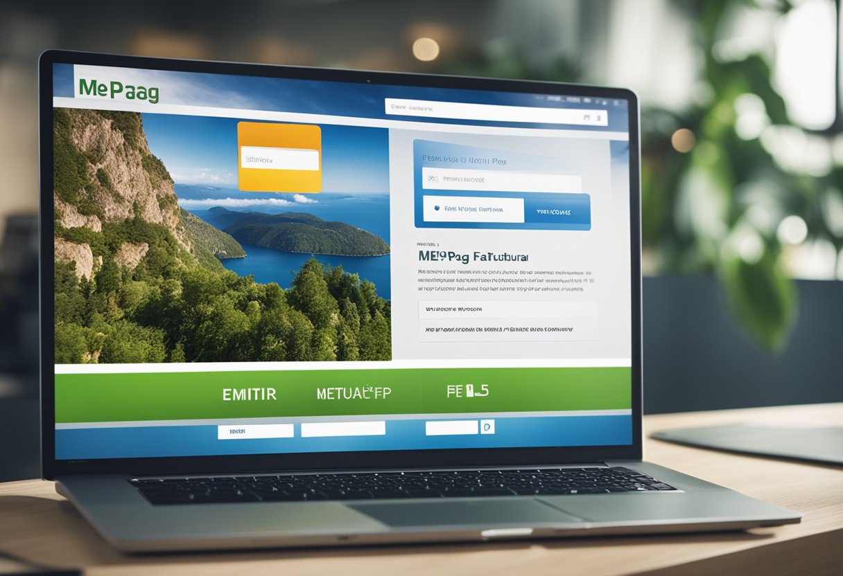 Uma tela de computador exibindo o site "Meu Pag" com a seção de cobrança aberta e um cursor clicando no botão "emitir fatura"