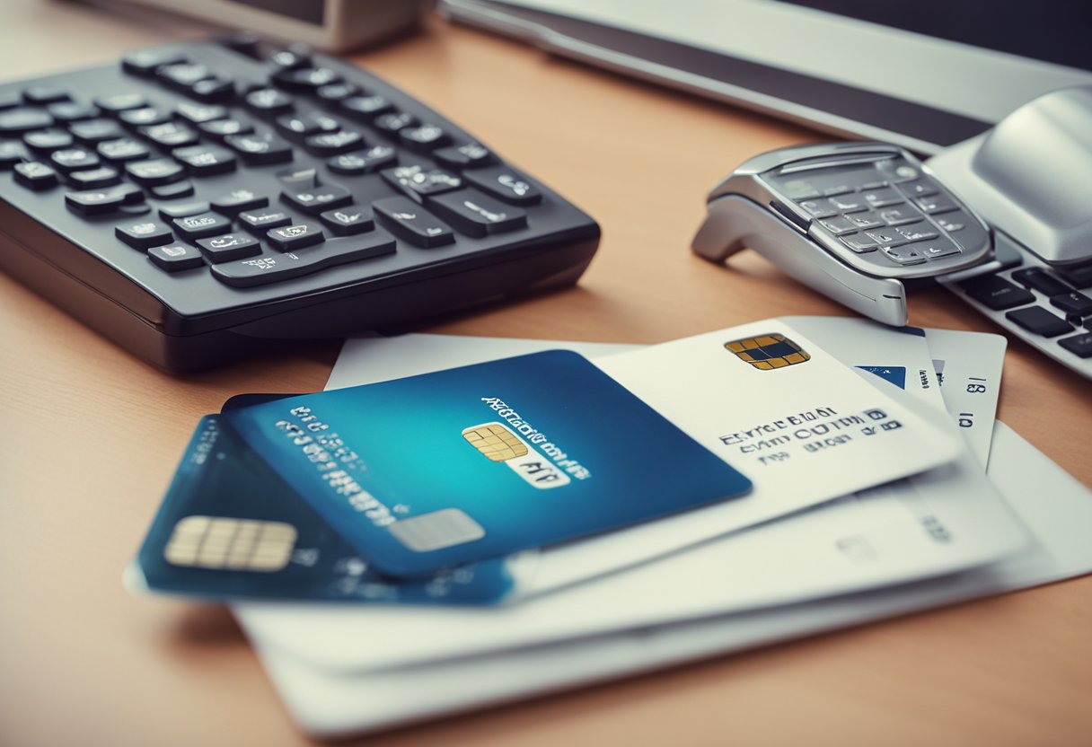 Uma mão alcançando um extrato de cartão de crédito com o logo "Extra", sentado em uma mesa com um computador e uma impressora próximos.