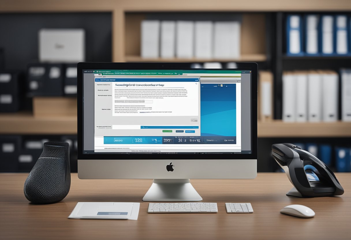 Uma tela de computador exibindo o site da Sumicity com a opção "Segunda Via" destacada, e uma impressora próxima pronta para imprimir a fatura duplicada