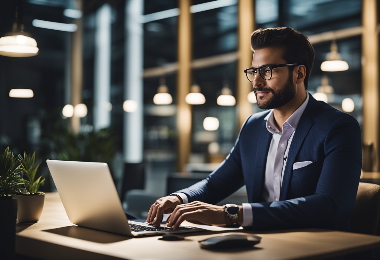 Um proprietário de negócio em uma mesa, usando um laptop para explorar a conta PJ do Nubank