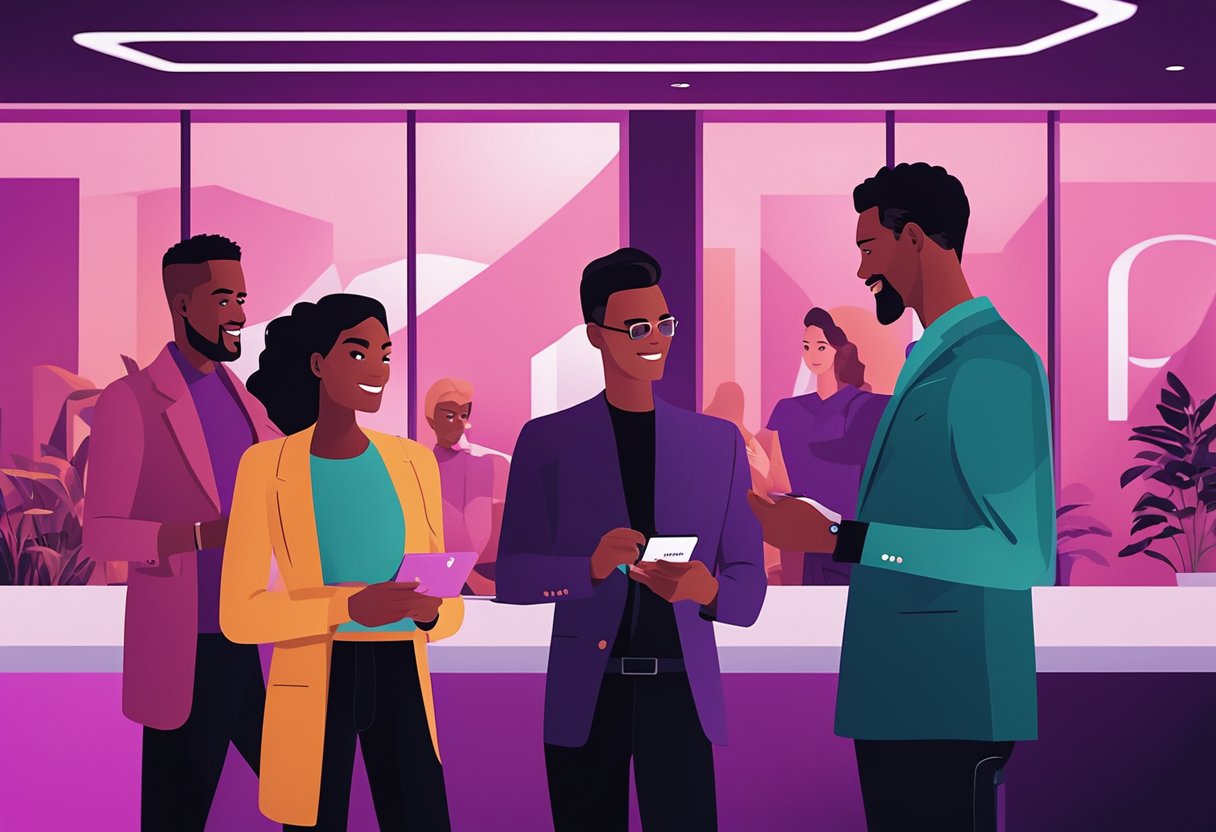 Um grupo de empreendedores se reúne em torno de um cartão de conta PJ do Nubank, moderno e elegante, discutindo seus benefícios e características.