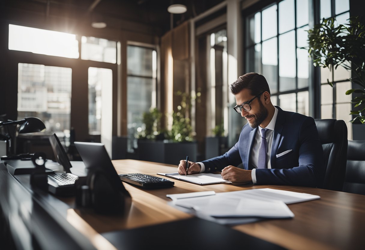 Um proprietário de empresa em uma mesa, preenchendo documentos para abrir uma conta empresarial no Nubank