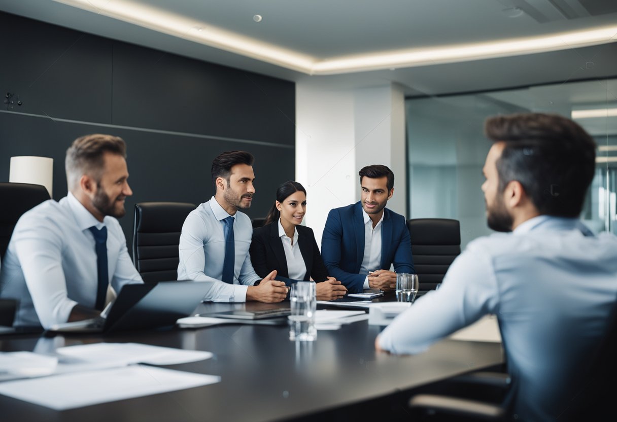 Uma sala de reuniões com executivos discutindo oportunidades de emprego bem remuneradas no Brasil
