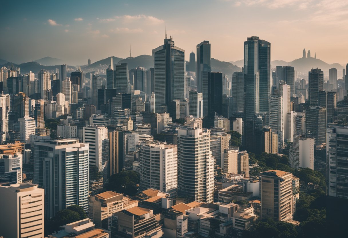 Um horizonte urbano movimentado com arranha-céus e edifícios de escritórios, simbolizando empregos bem remunerados no Brasil