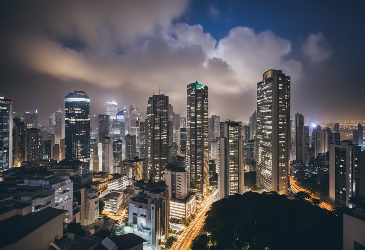 Um horizonte urbano movimentado com arranha-céus e edifícios de escritórios, simbolizando empregos bem remunerados no Brasil