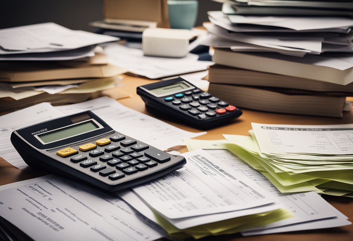 Uma mesa bagunçada com contas não pagas e uma calculadora cercada por pilhas de papéis, representando as vantagens de comprar dívidas vencidas.