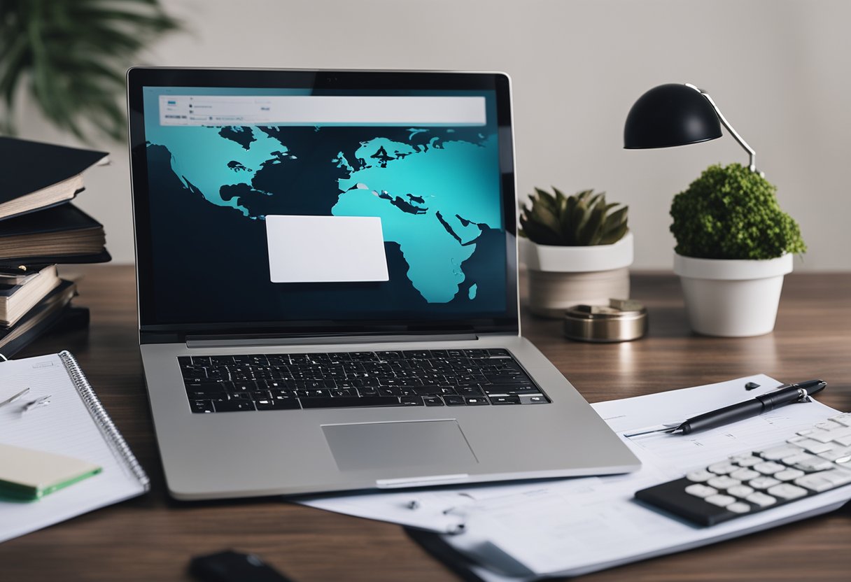 Um laptop cercado por vários materiais de escritório, com um globo e uma pilha de papéis, simbolizando o trabalho remoto para empresas baseadas na internet.