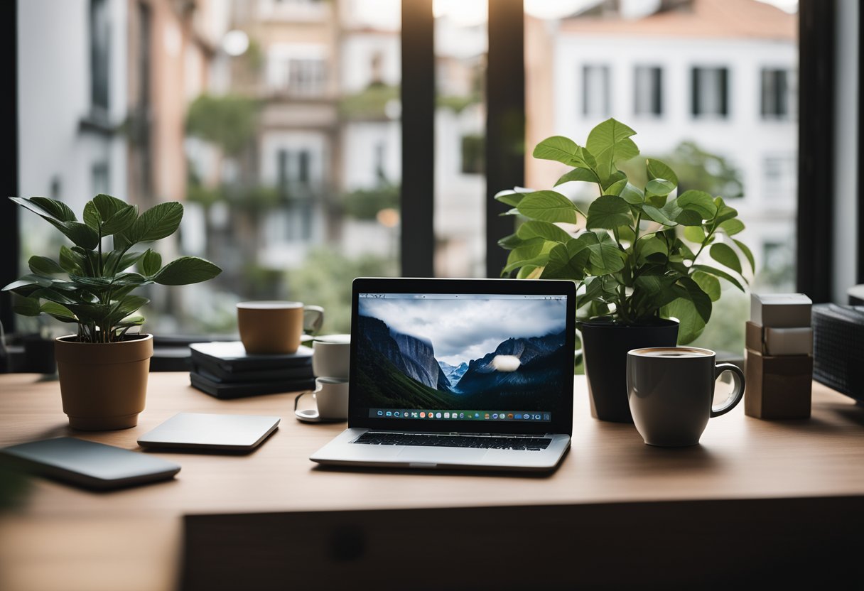 Um laptop em uma mesa organizada, cercado por um aconchegante ambiente de home office com uma planta, caneca de café e uma janela com vista para uma cena externa tranquila.