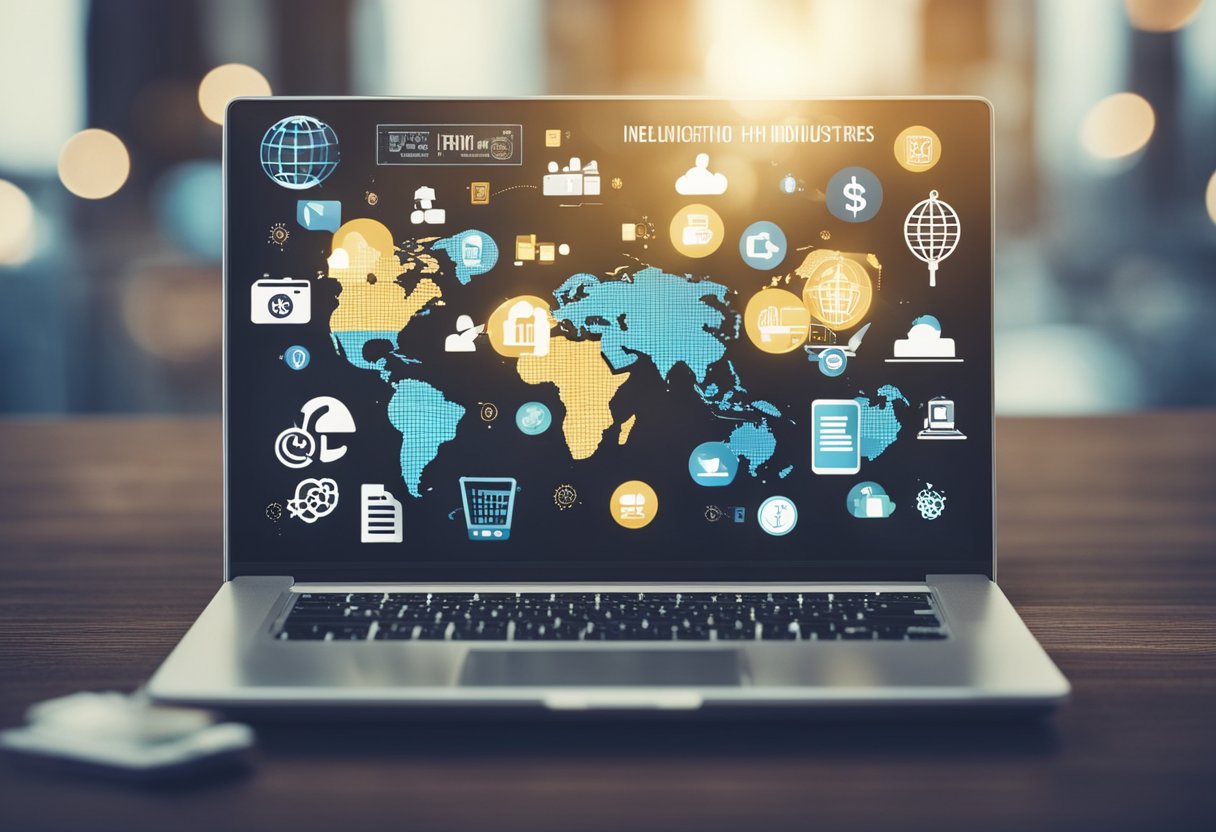 Várias indústrias representadas por ícones (por exemplo, computador, globo, dinheiro) flutuando acima de um laptop, simbolizando empresas contratando para trabalho online.