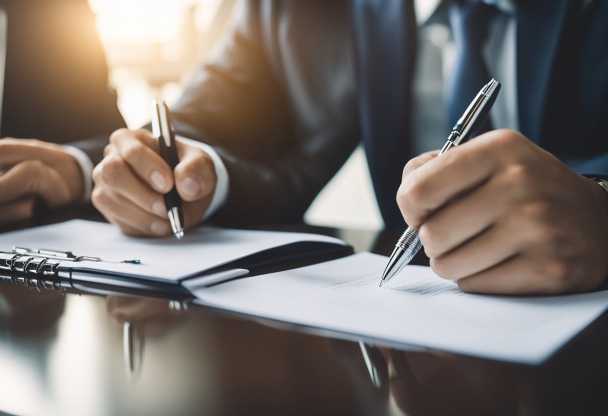 Uma pessoa sentada em uma mesa, assinando documentos com uma caneta, enquanto um representante do banco observa.