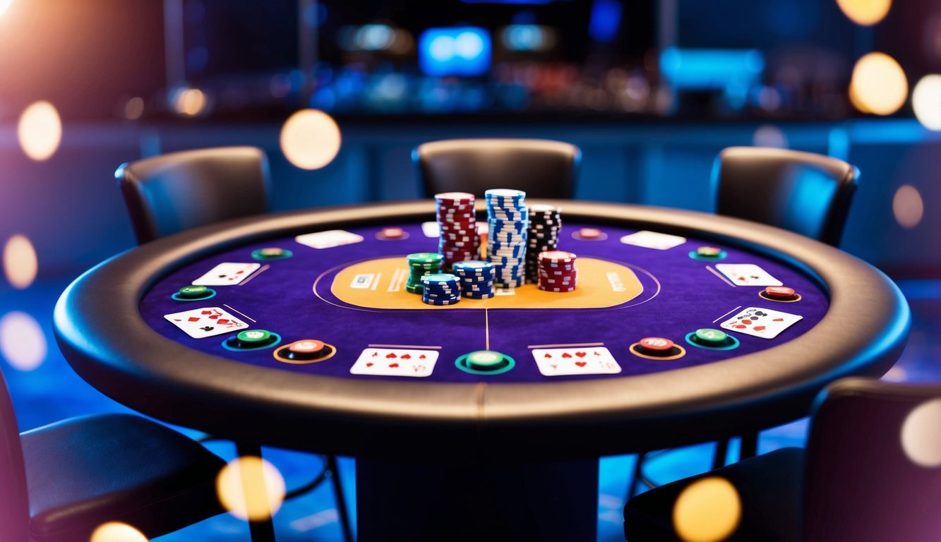 Meja poker online yang hidup dengan berbagai pilihan tempat duduk, dikelilingi oleh antarmuka permainan yang modern dan ramping