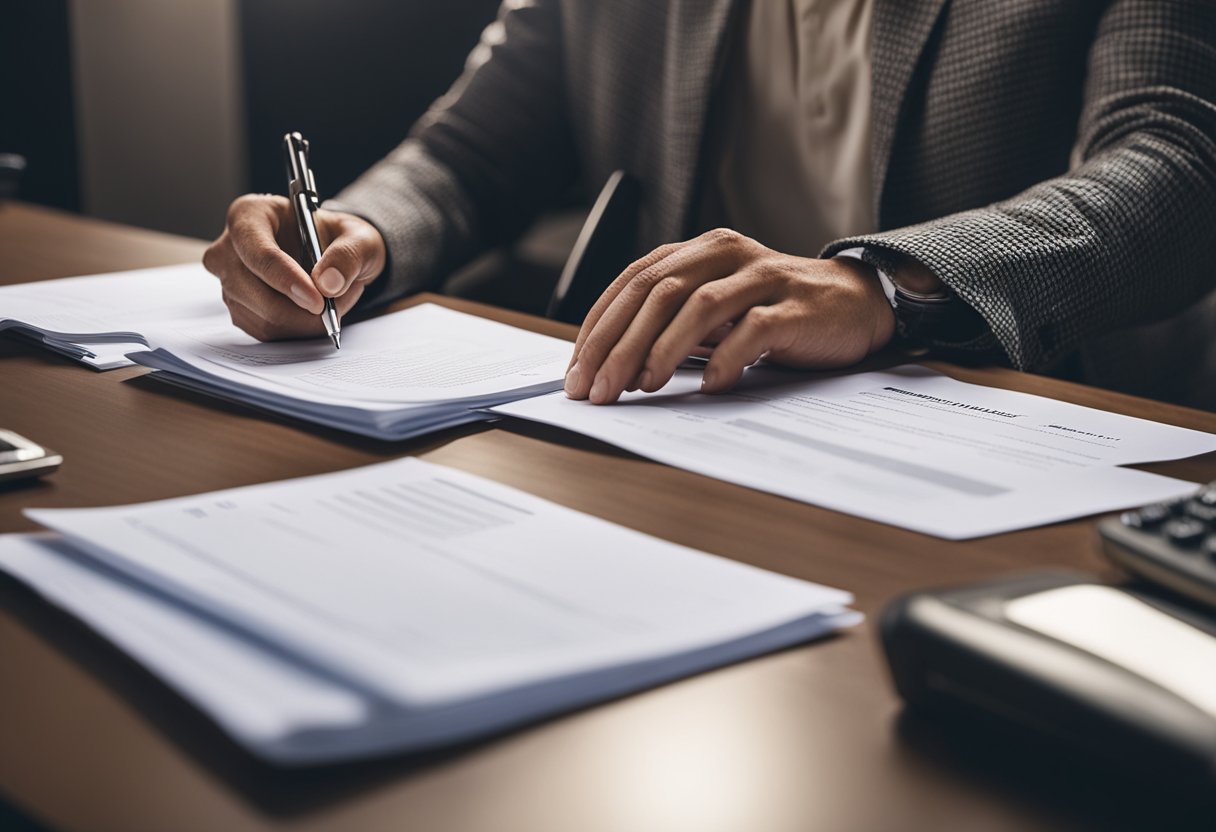 Uma pessoa sentada em uma mesa, preenchendo documentos com um representante do banco