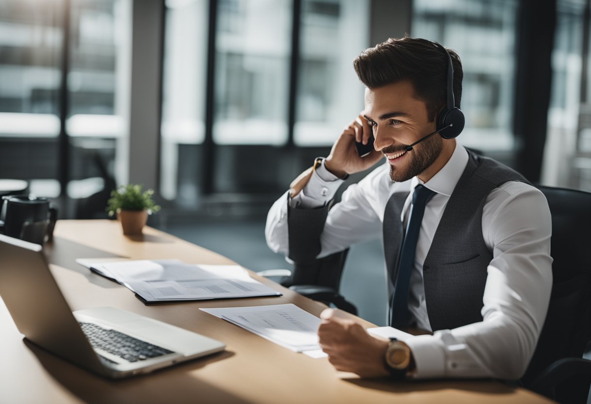 Uma pessoa sentada em uma mesa, preenchendo documentos enquanto fala ao telefone com um representante do Agibank sobre a solicitação de um empréstimo.