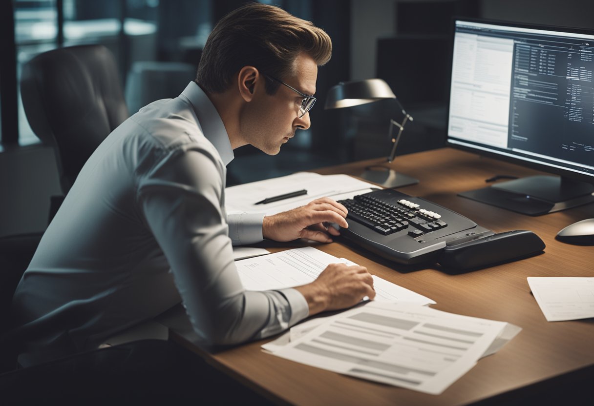 Uma pessoa sentada em uma mesa com um computador, digitando e olhando para um extrato bancário com uma expressão de preocupação