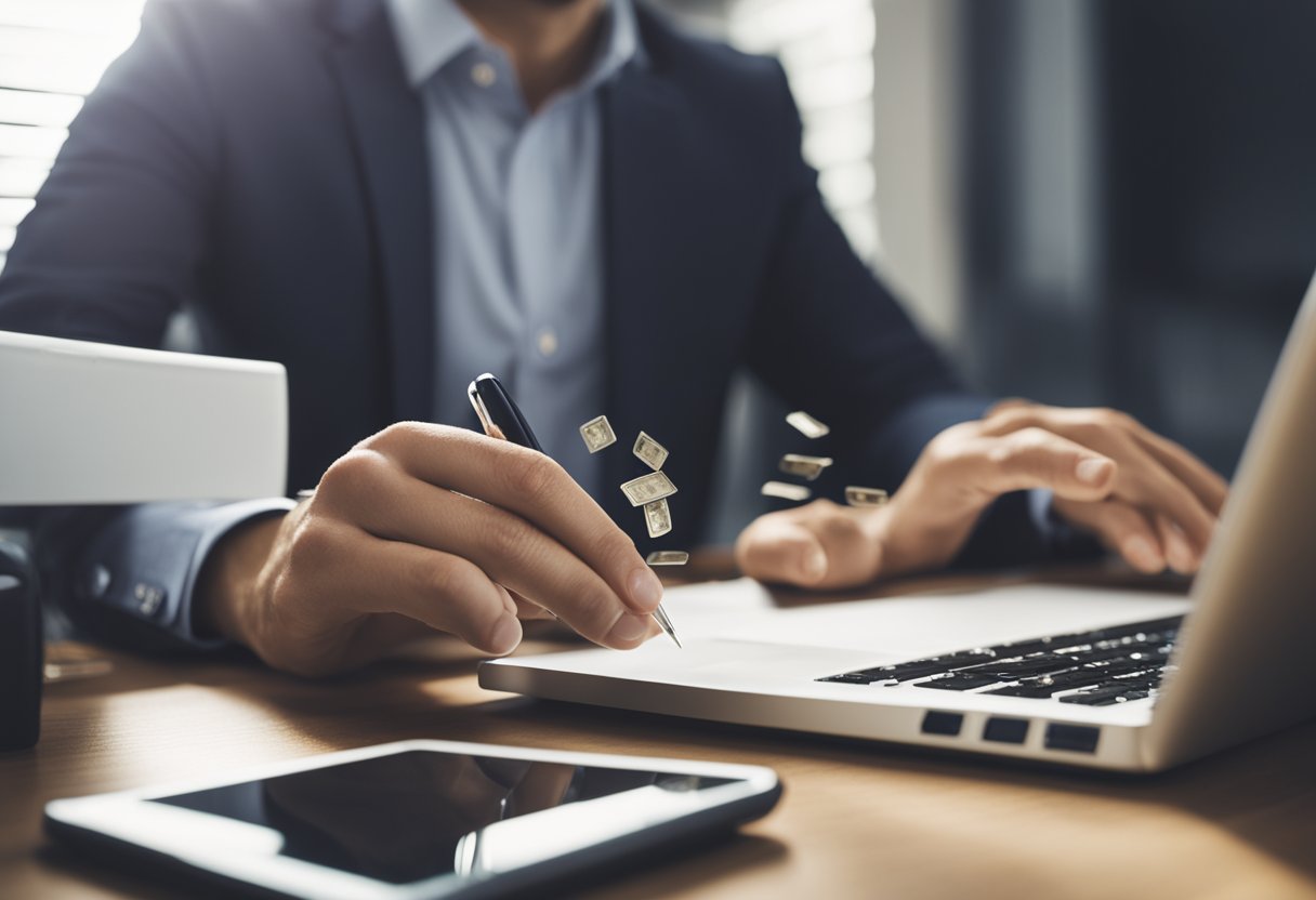 Uma pessoa sentada em uma mesa, usando um computador para solicitar um empréstimo com débito automático de sua conta bancária.