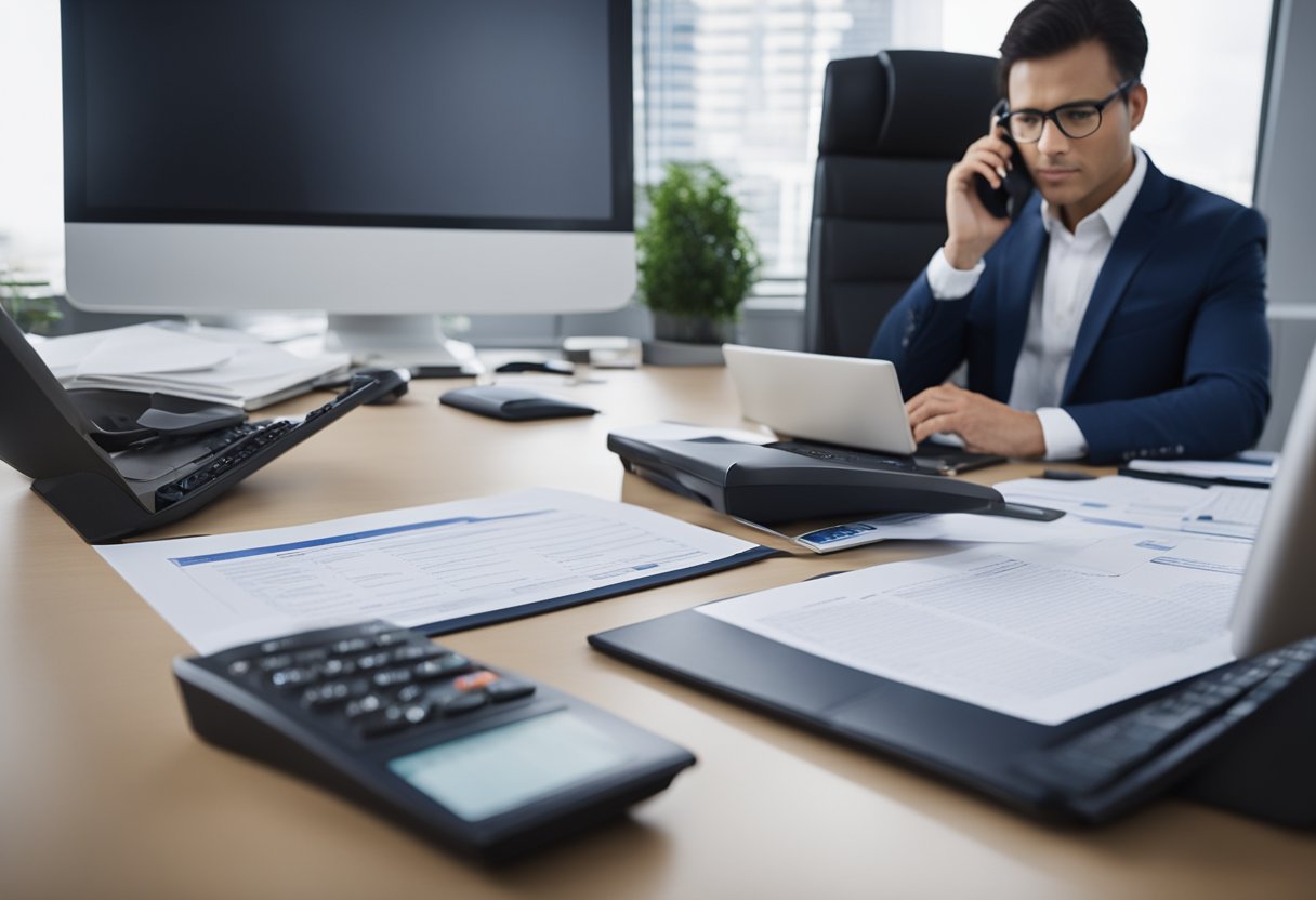 Uma pessoa sentada em uma mesa com um computador, revisando documentos financeiros e extratos bancários enquanto fala ao telefone com um representante do banco.